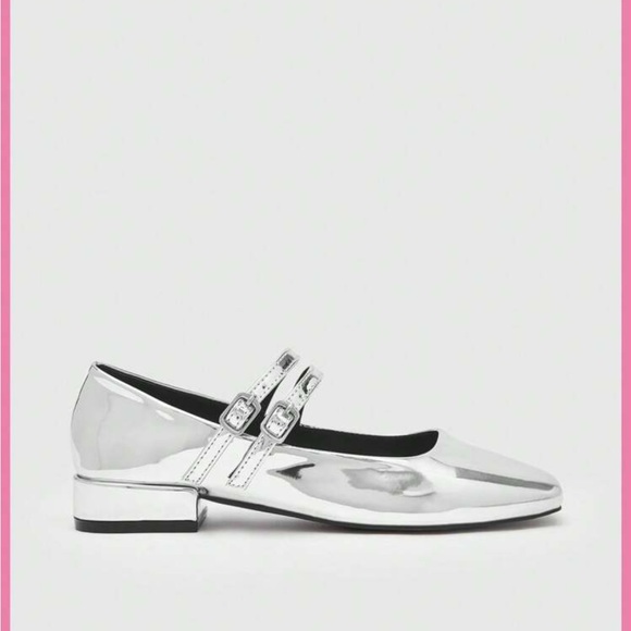 Buckle Decor Metallic Square Toe Mary Jane Flats, Glamorous Silver Flats - Picture 2 of 7
